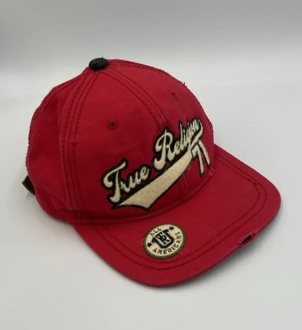 True Religion One Size Fits All Hat Red Embroidered Spellout 71